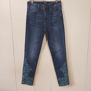 Desigual Dark Blue Cropped Jeans with Teal Embroidered Ankles